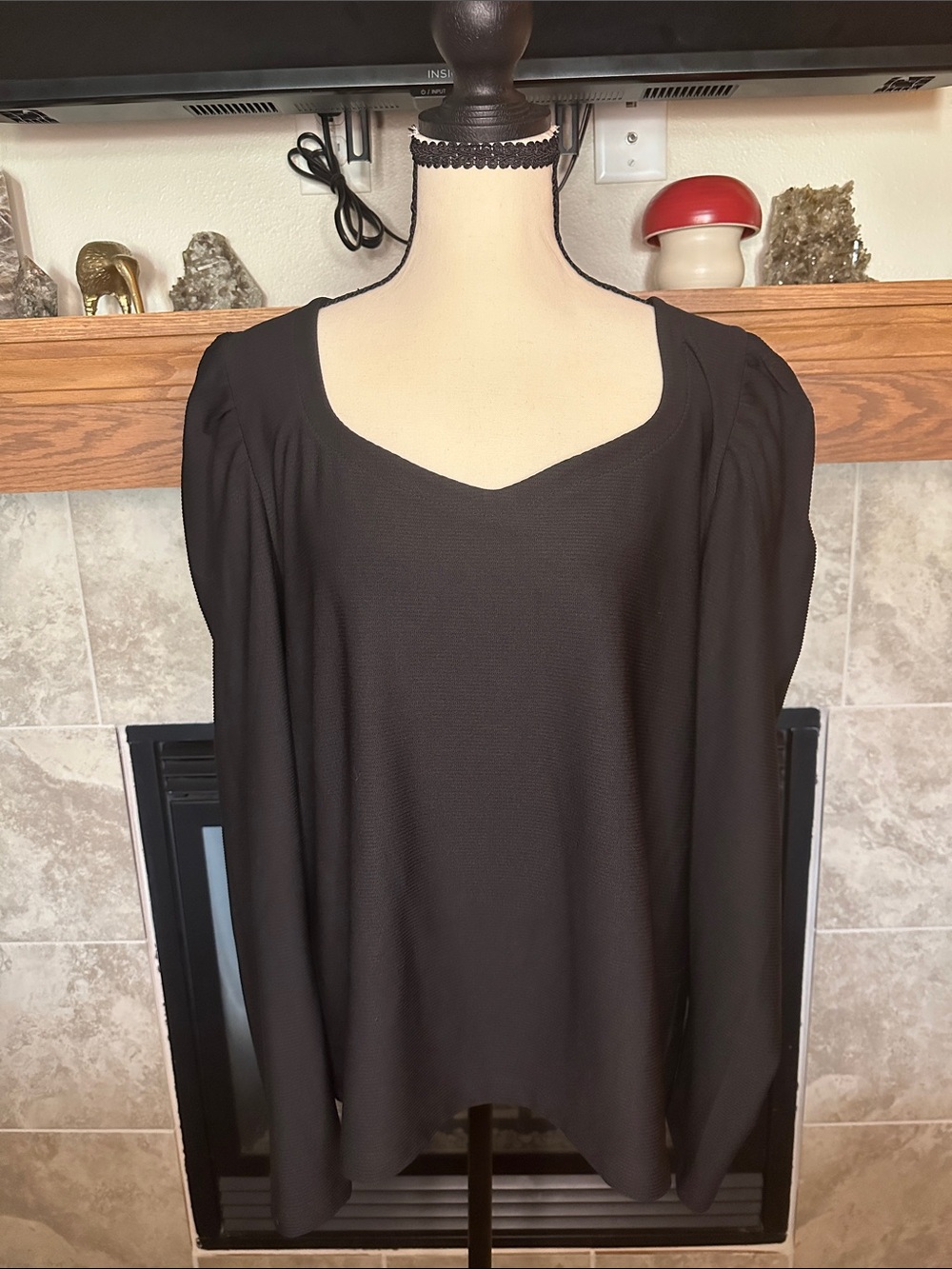 Nine West XL Black Ribbed Puff Shoulder Scoop Neck Long Sleeve Top NWT